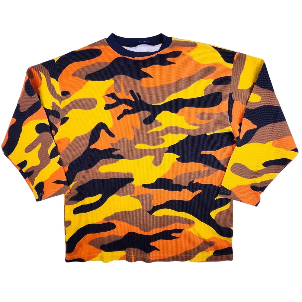 Vintage Coyote Waffle Knit Thermal Mens XL Orange Yellow Camo Long Sleeve Shirt